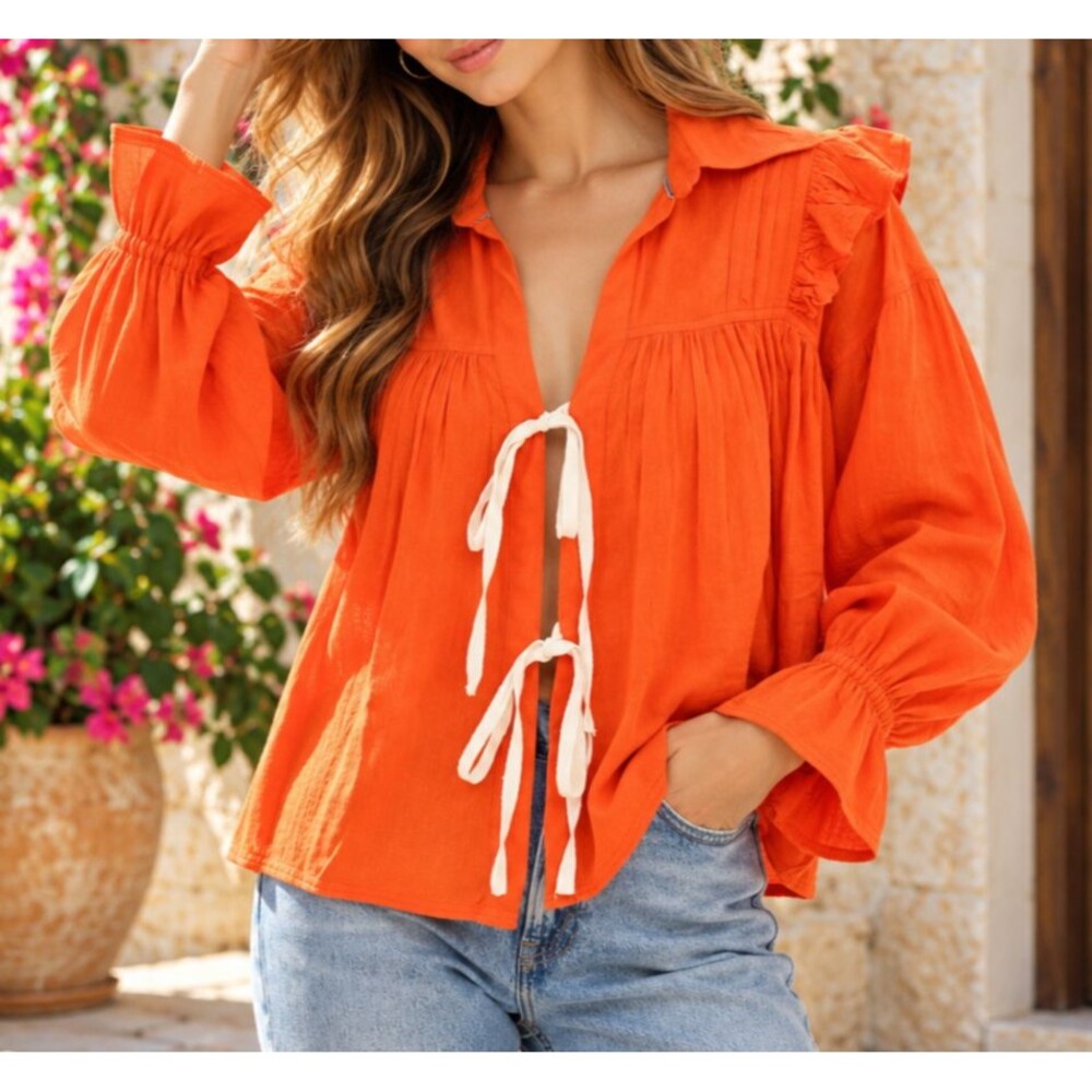 Free People We The Free Ruffle Coverup Blouse Top Solid Long Sleeves L 285565